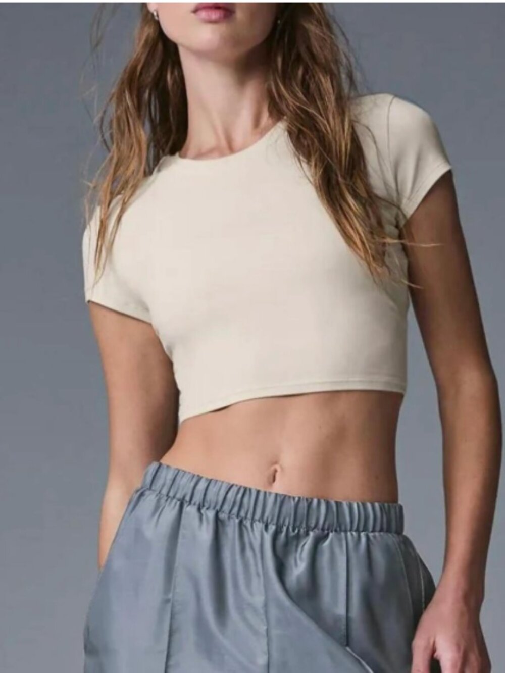 ALO Alosoft Crop Finesse Short Sleeve, Oatmilk, size M